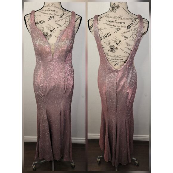 CINDERELLA DIVINE Blush Pink Metallic Long Formal Open Back Maxi Gown Dress SZ 8 - Picture 2 of 13